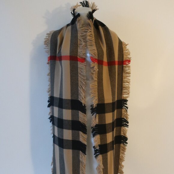 Womens Burberry Camel Black Red Wool Nova Check Print Fringed Scarf - Picture 4 of 10